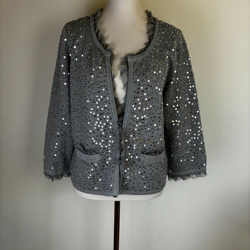 White House Black Market Sequin Knit Cardigan Gray Tulle Ruffle Jacket Size XL